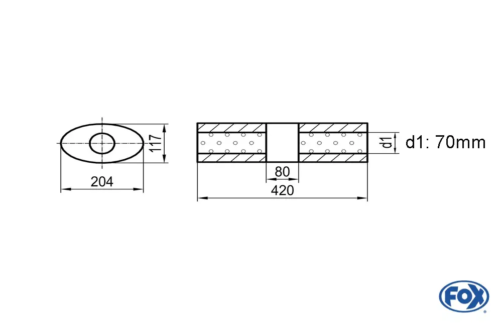 Direkt Vom Hersteller FOX Uni-Schalldämpfer Oval ohne Stutzen mit Kammer – Edelstahl 204x117mm, Länge 420mm, d1Ø 70mm (außen)