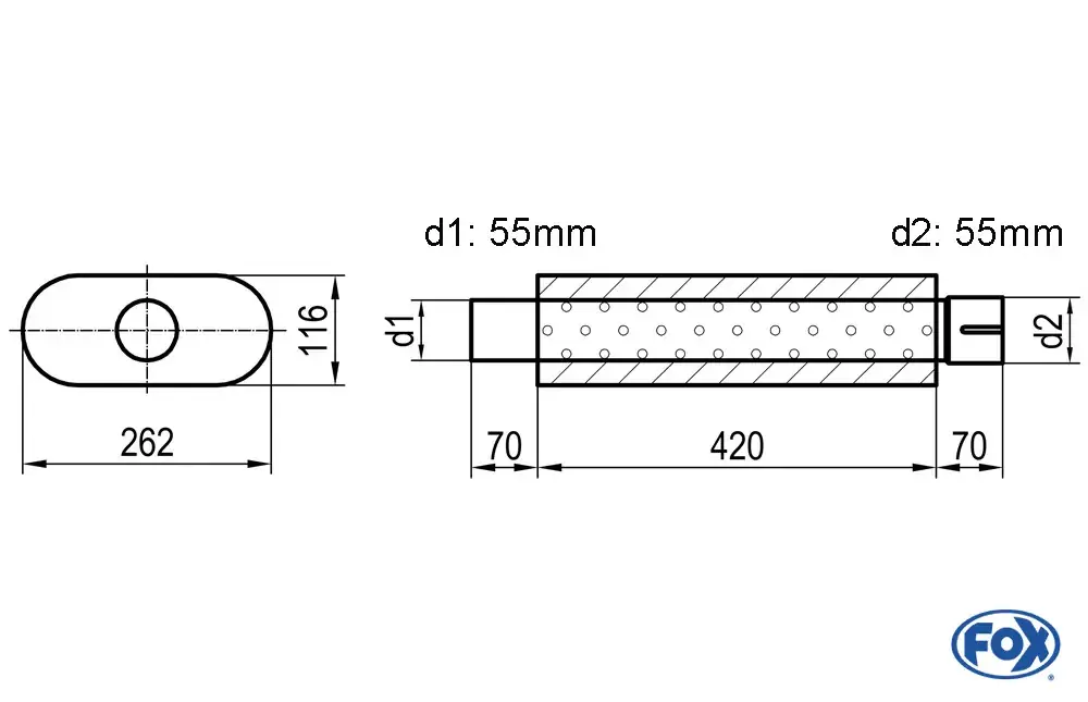 FOX Uni-Schalldämpfer oval aus Edelstahl, Länge 420mm Preisreduziert