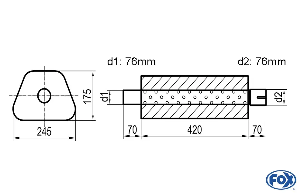 FOX Uni-Schalldämpfer Trapezoid aus Edelstahl – Abwicklung 711 245x175mm, Ø76mm, Länge 420mm Beliebt