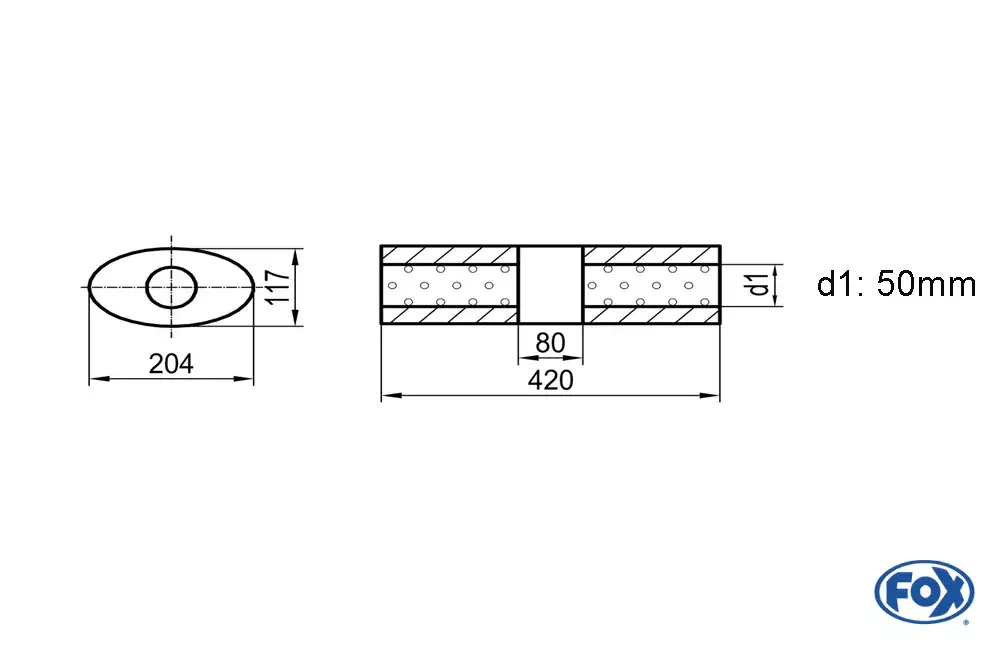 FOX Uni-Schalldämpfer Oval ohne Stutzen mit Kammer – Edelstahl 204x117mm, Ø50mm, Länge 420mm Ausverkauf