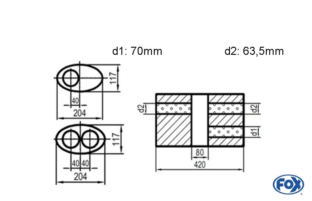 Letzte Chance FOX Uni-Schalldämpfer oval zweiflutig mit Kammer - Abwicklung 525 204x117mm, d1Ø 70mm d2Ø 63,5mm, Länge 420mm - Variante 1