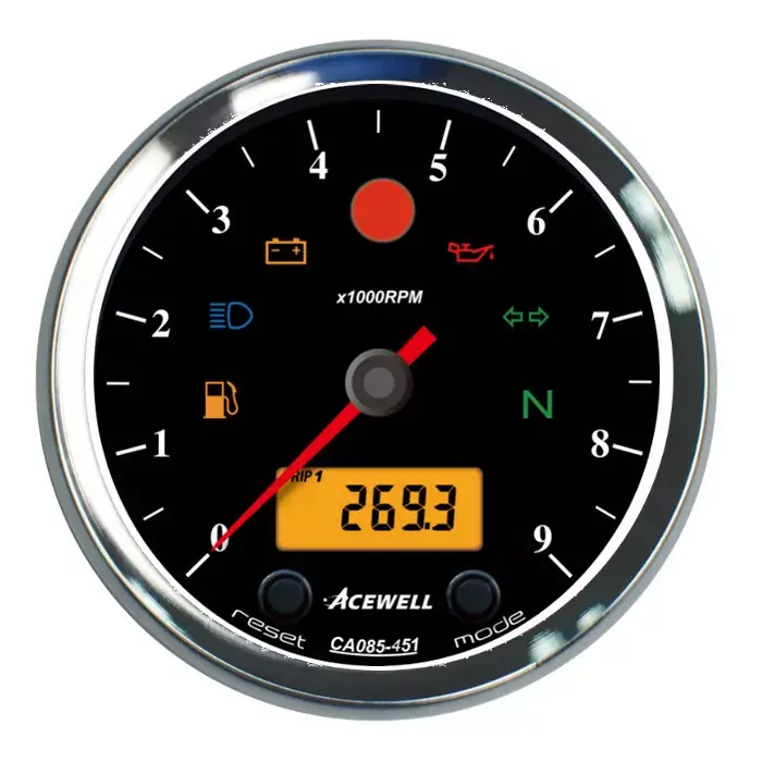Top-Preis ACEWELL Analog Drehzahlmesser 9000rpm mit digitalem Tacho, Ring und Gehäuse chrom, Zifferblatt schwarz
